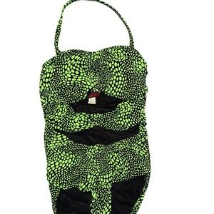Monif C. Neon Green and Black Polka-Effect Ruched One-Piece Swimsuit